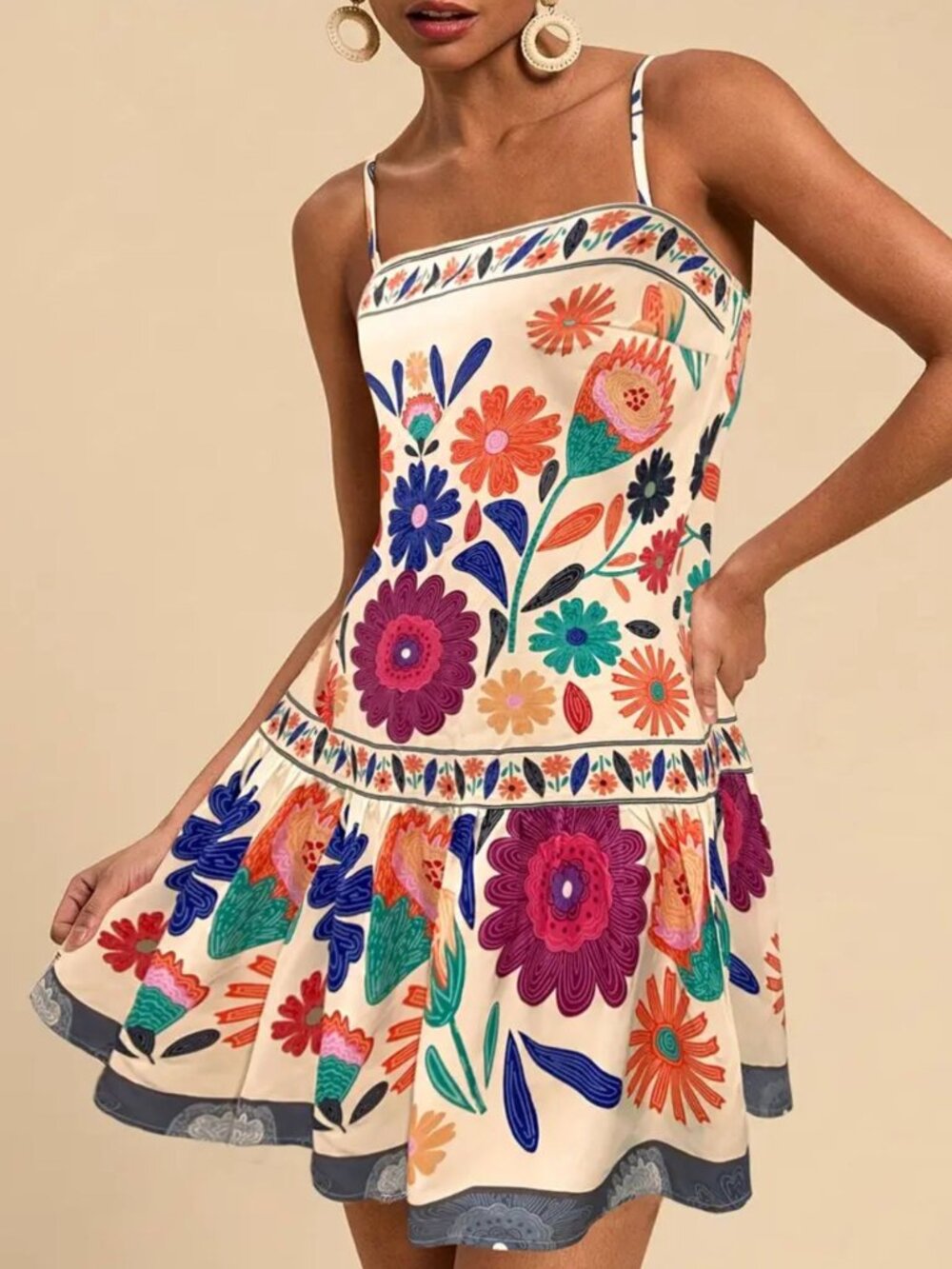 MeadowGlow Orange Floral Print Sleeveless Mini Dress